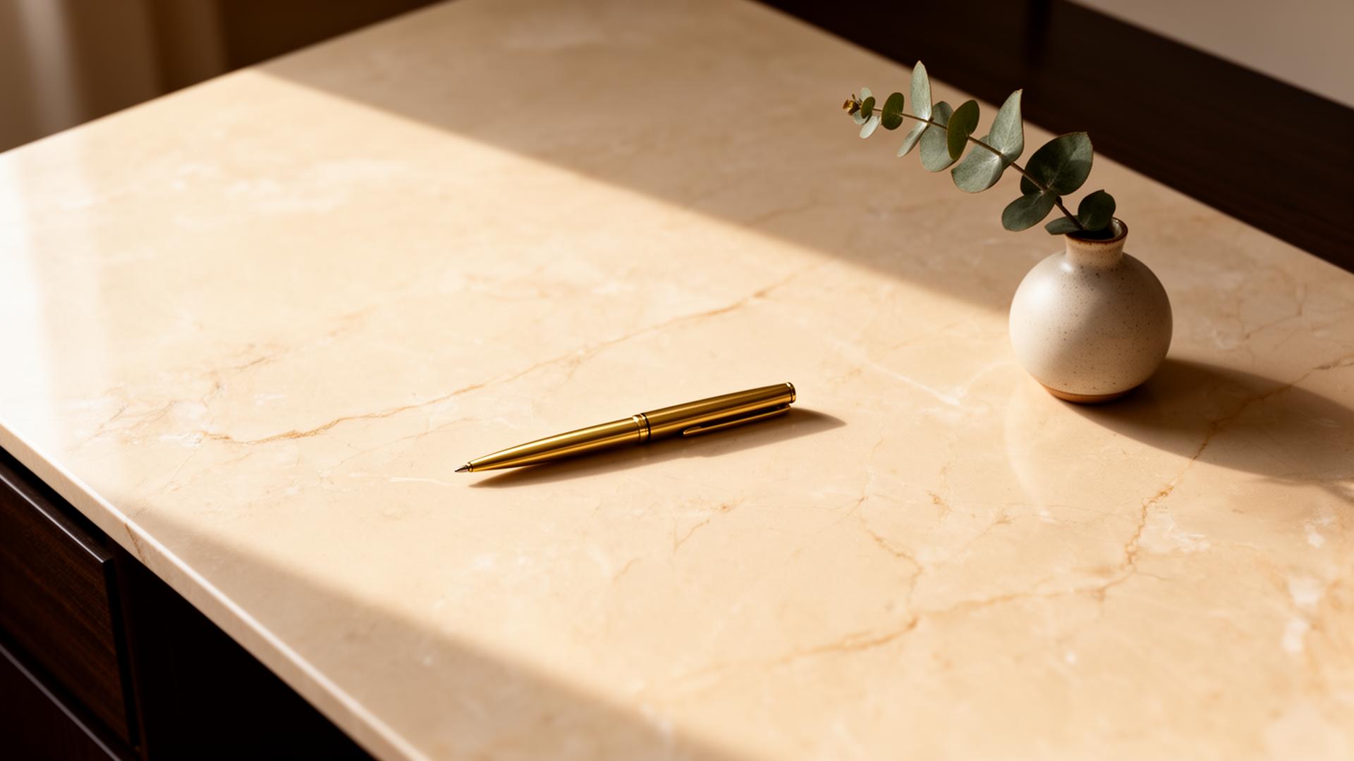 Real estate contract, brass pen, and coffee on a warm ivory desk
